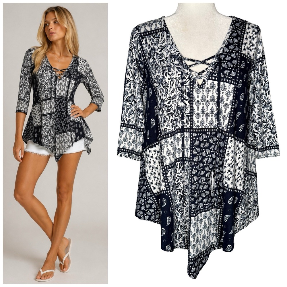 C'est La Vie Y2K S Paisley Bandana Tunic Top Asymmetrical Stretch Made In USA